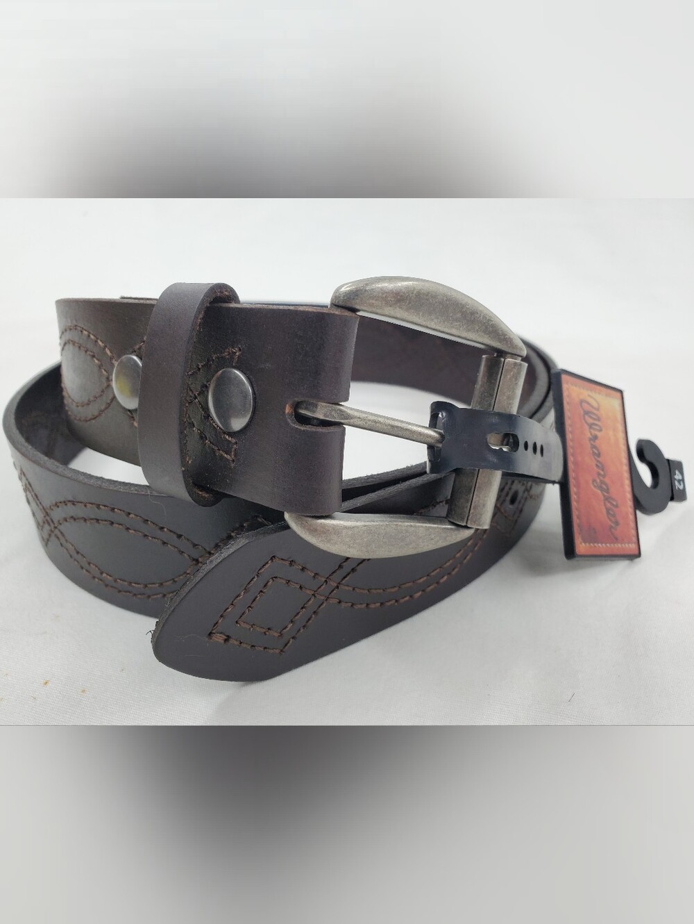 Wrangler Men's Dark Brown Leather Stitched Belt with Silver Buckle
